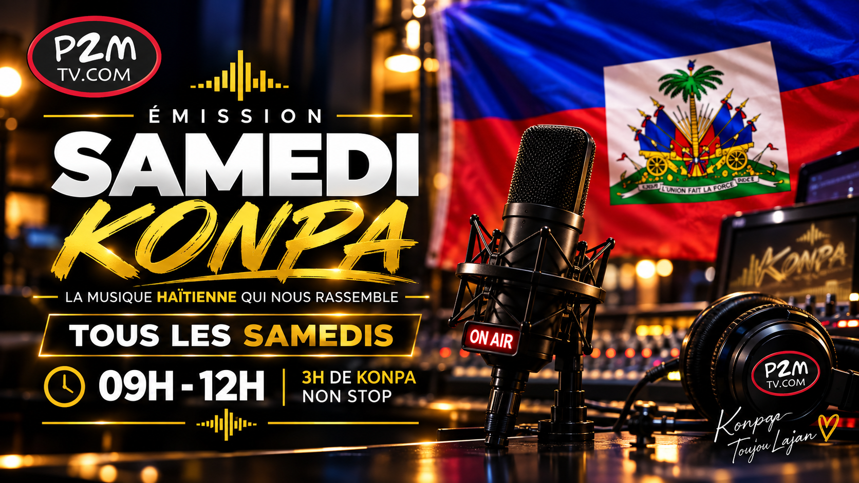 Affiche de l’émission SAMEDI KONPA sur P2M TV, consacrée au Konpa et à la musique haïtienne.